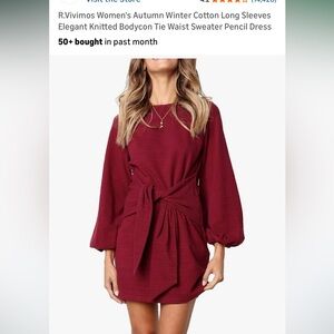 Wine red body con dress women size medium with long sleeves and wrap belt